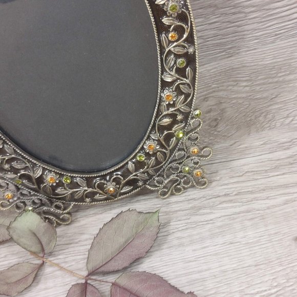 Ornament Oval Photo Frame Decorative Jeweled Photo Display Stones Floral Pattern - Picture 6 of 13